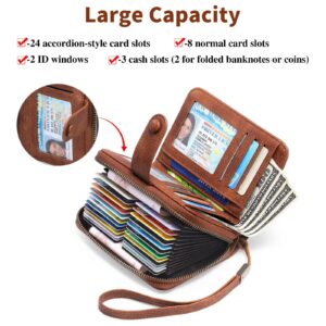 GAEKEAO Leather Credit Card Holder Wallet for Women RFID Blocking Large Capacity Bifold Zipper Card Case Organizer with Wristlet 32 Slots