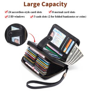 GAEKEAO Leather Credit Card Holder Wallet for Women RFID Blocking Large Capacity Bifold Zipper Card Case Organizer with Wristlet 32 Slots