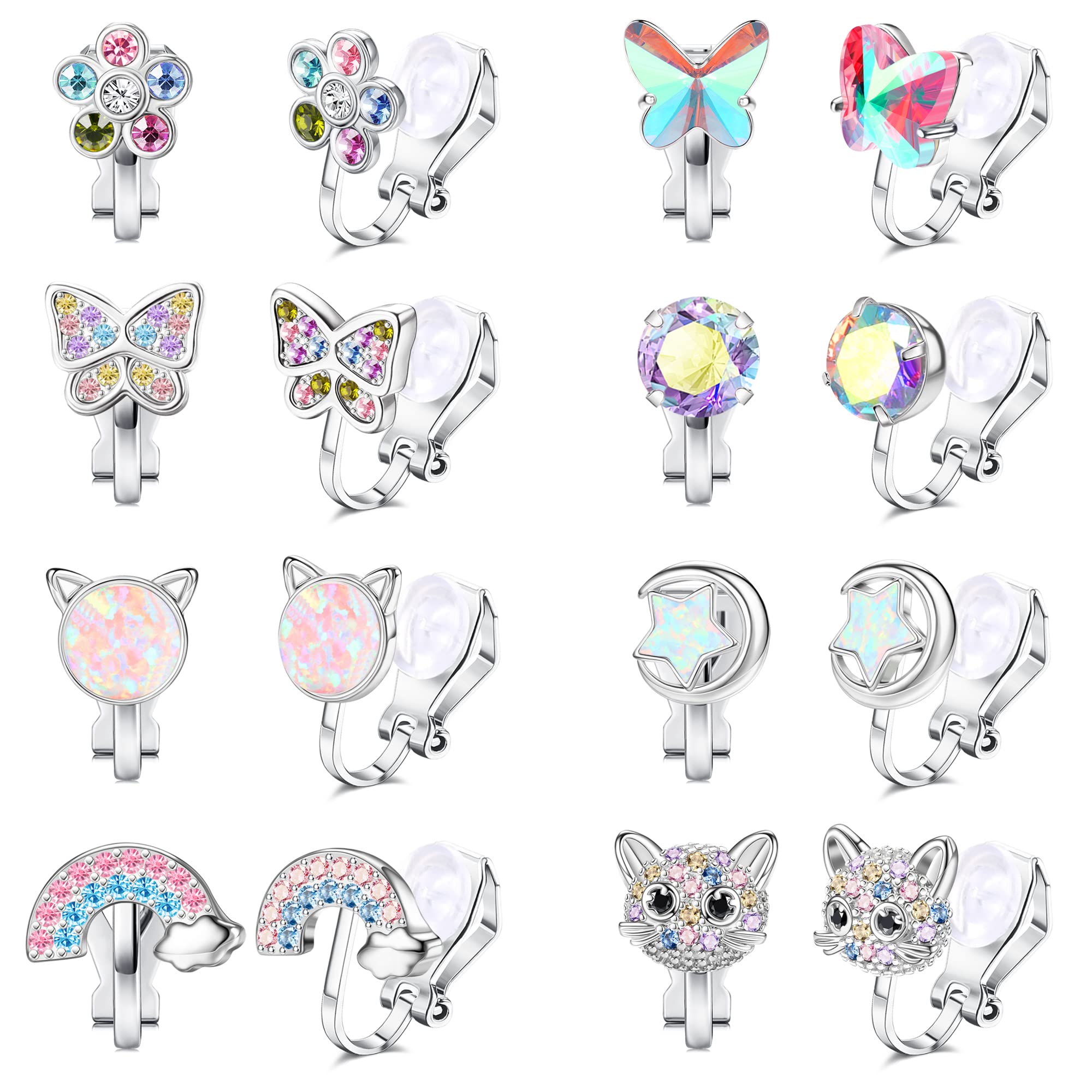 Thunaraz 8 Pairs Cute Clip on Earrings for Women Hypoallergenic Butterfly Flower Sparkled CZ Clip Earrings Women Multicolored Non-Pierced Earrings Set