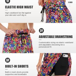 BLEVONH Tennis Skirts for Women High Waisted, Womens Golf Skirt 20" Knee Length Drawstring Skorts Skirts for Women Short Skirts with Pockets Orange Flower M