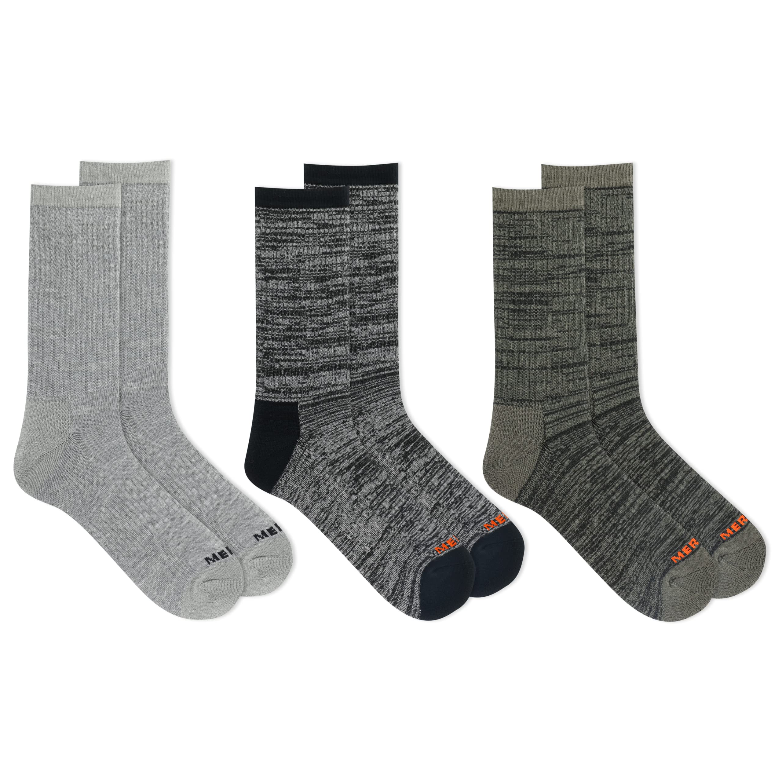 Merrell Adult's Lightweight Wool Hiking Crew Socks-3 Pair Pack-Unisex Arch Support Band, Black Assorted, M/L (Men's 9.5-12 / Women's 10-13)