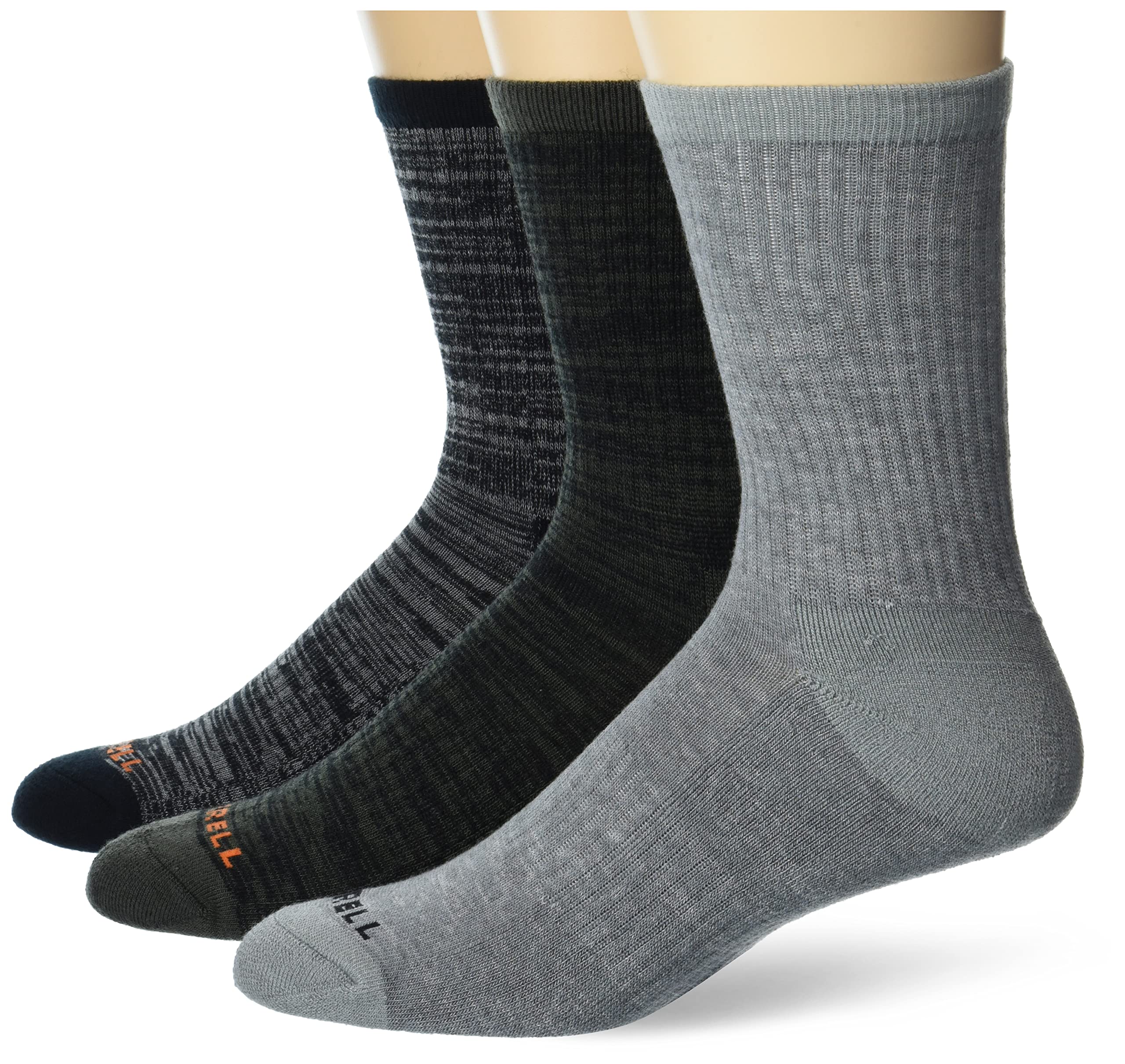 Merrell Adult's Lightweight Wool Hiking Crew Socks-3 Pair Pack-Unisex Arch Support Band, Black Assorted, M/L (Men's 9.5-12 / Women's 10-13)