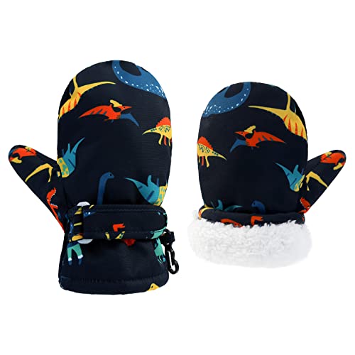 BAVST Toddler Waterproof Mittens Fleece Lined Baby Boys Girls Winter Warm Glove Kids Snow Infant Ski Mitten for 3M-5T (Navy orange dinosaur, 1-2T)