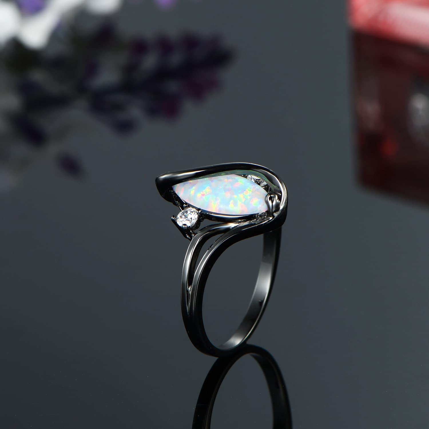 18K Black Gold Plated White Fire Opal Birthstone Marquise Rings for Women Cocktail Band Party Birthday Gifts Fashion Jewelry(7)