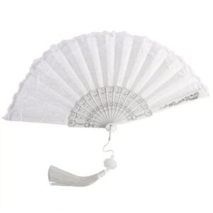 sehtorry White Lace Hand Folding Fan Bridal Dancing Props Floral Handheld Fan for Women Wedding Décor or Party Dess-up Favors