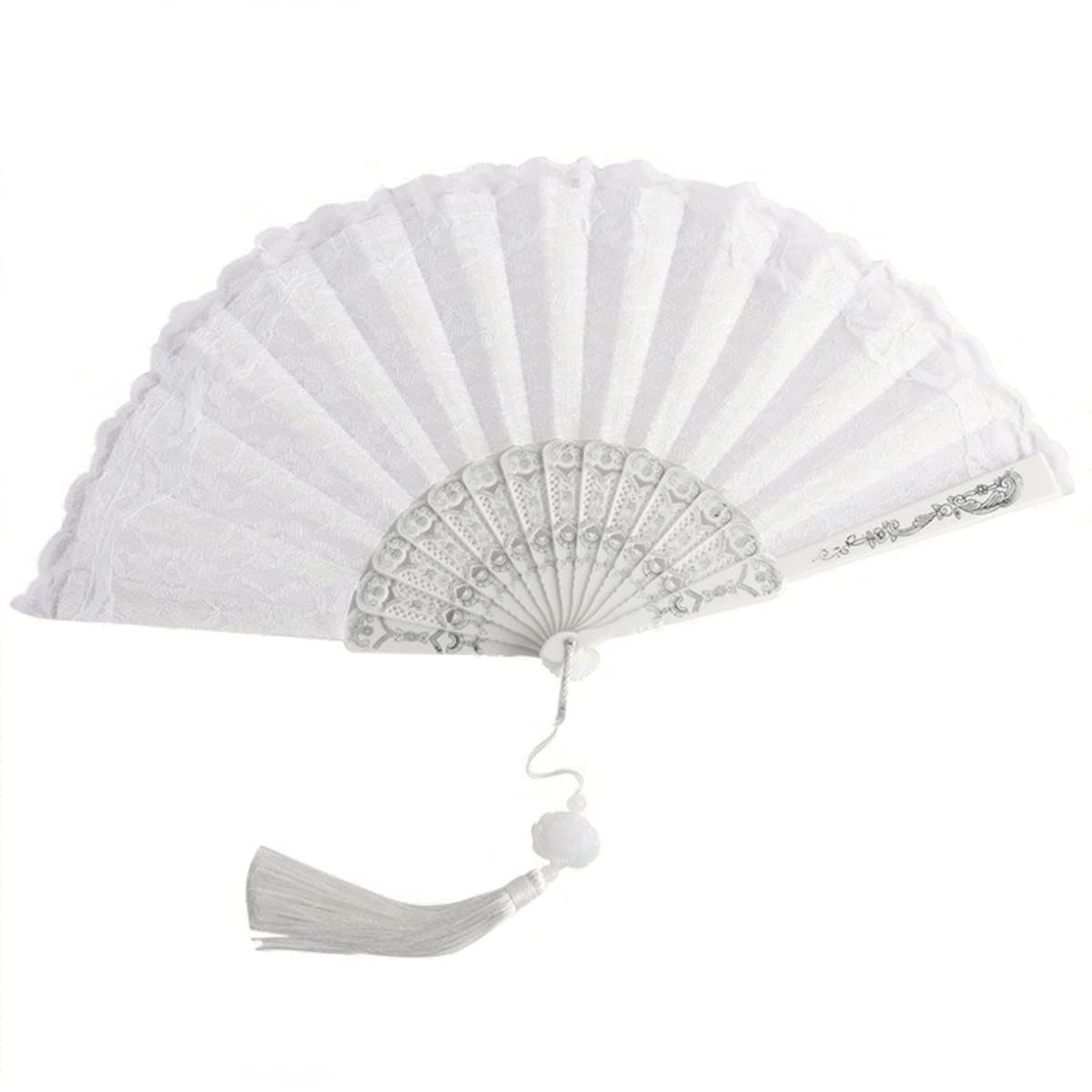 sehtorry White Lace Hand Folding Fan Bridal Dancing Props Floral Handheld Fan for Women Wedding Décor or Party Dess-up Favors