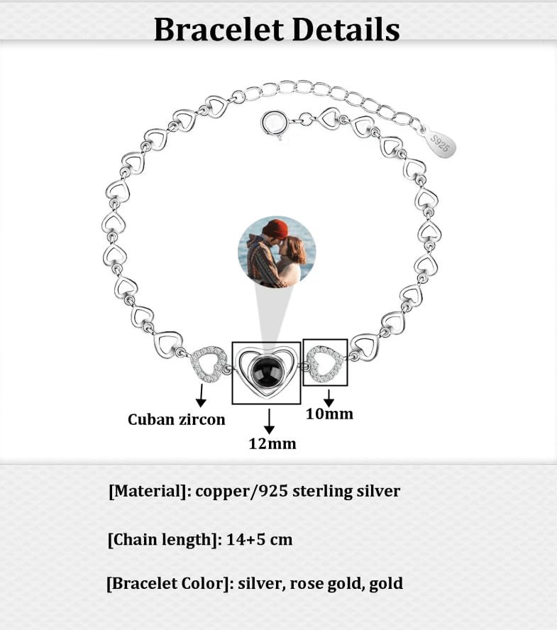 Aina Lighting Personalized Photo Projection Bracelet Custom Bracelet with Picture Inside I Love You Bracelet 100 Languages 925 Sterling Silver Heart Pendent Memorial Jewelry Gift for Women, 14+5cm