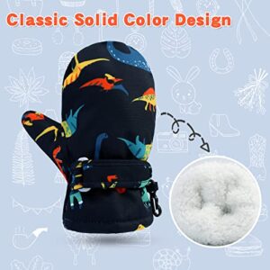 BAVST Toddler Waterproof Mittens Fleece Lined Baby Boys Girls Winter Warm Glove Kids Snow Infant Ski Mitten for 3M-5T (Navy orange dinosaur, 1-2T)