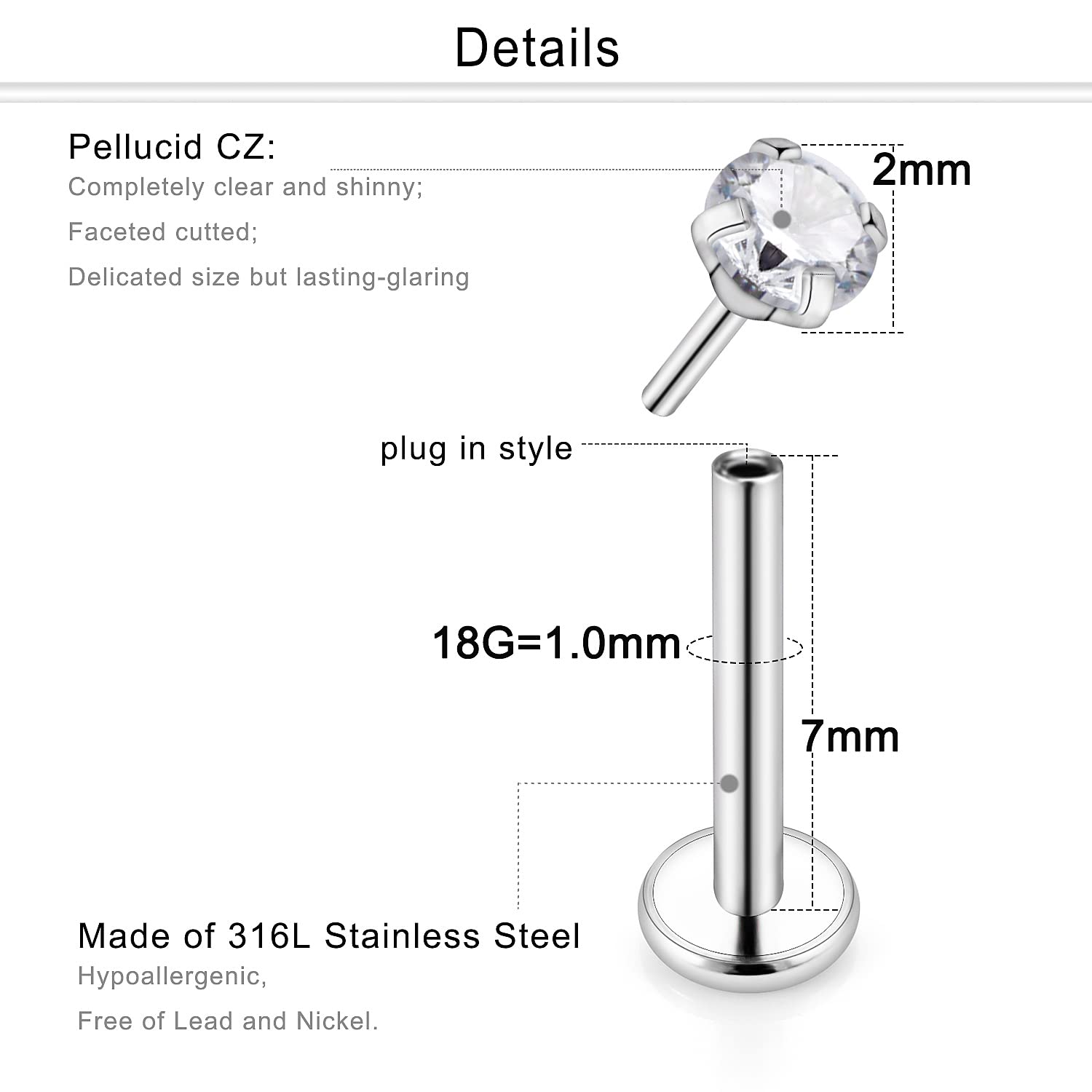 Dyknasz 18G Threadless Nose Stud Threadless Earring Set Surgical Steel Push in Nose Rings Studs for Women Nose Piercing Jewelry for Men Flat Back Cartilage Helix Tragus Earrings 2mm