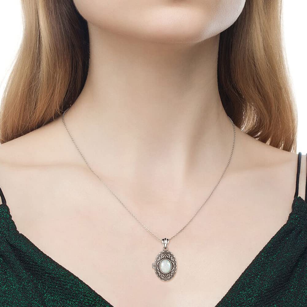 MANBU Sterling Silver Locket Necklace for Women Oval-Shaped Locket Pendant Holds Pictures Always with You Vintage Style Photos Locket Jewelry Gifts for Loved One (opal locket necklace)