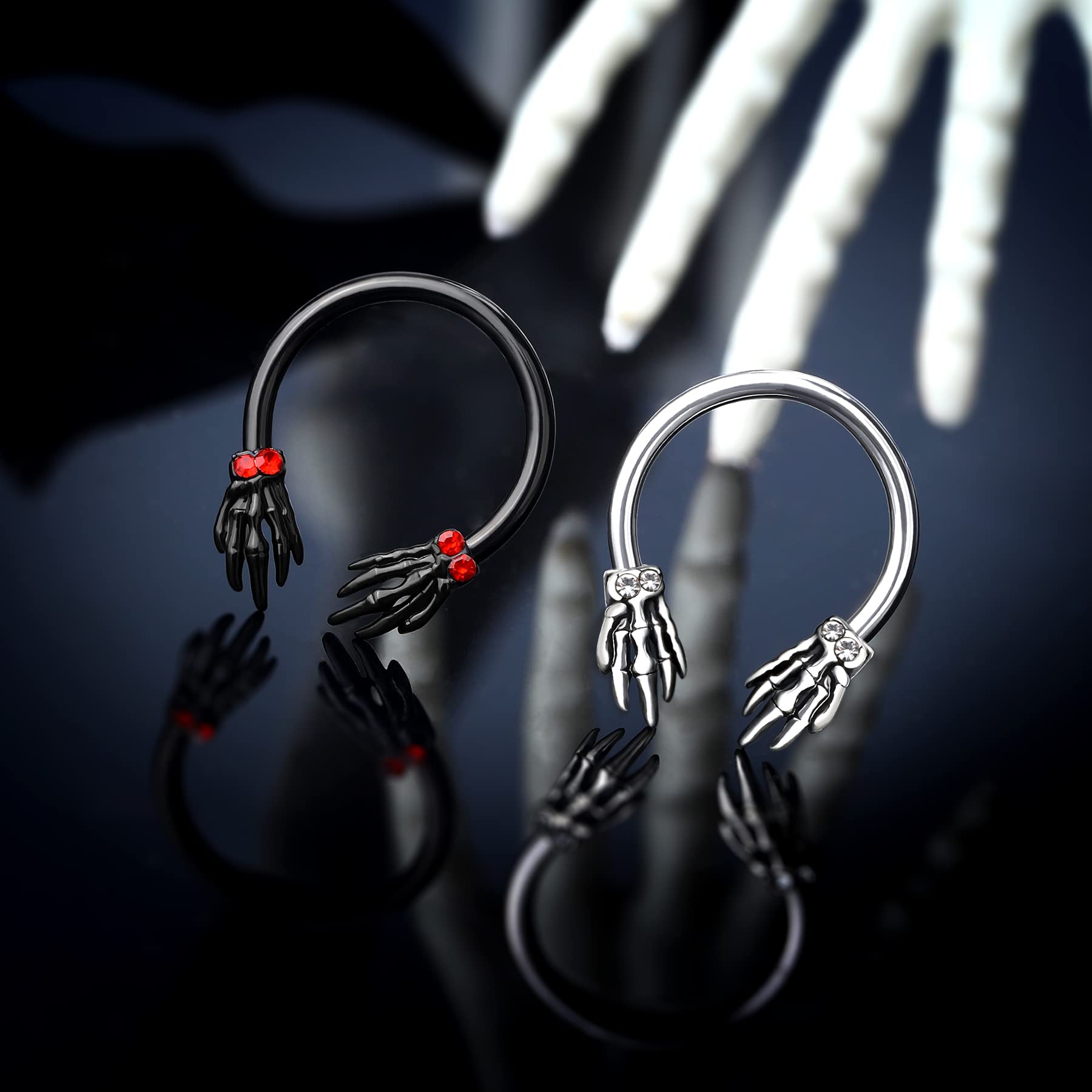 Melighting Skeleton Hand Septum Rings 16G Black Daith Earrings Halloween Septum Jewelry Clear CZ Surgical Steel 316L Helix Earring Cartilage Tragus Piercing for Women Men