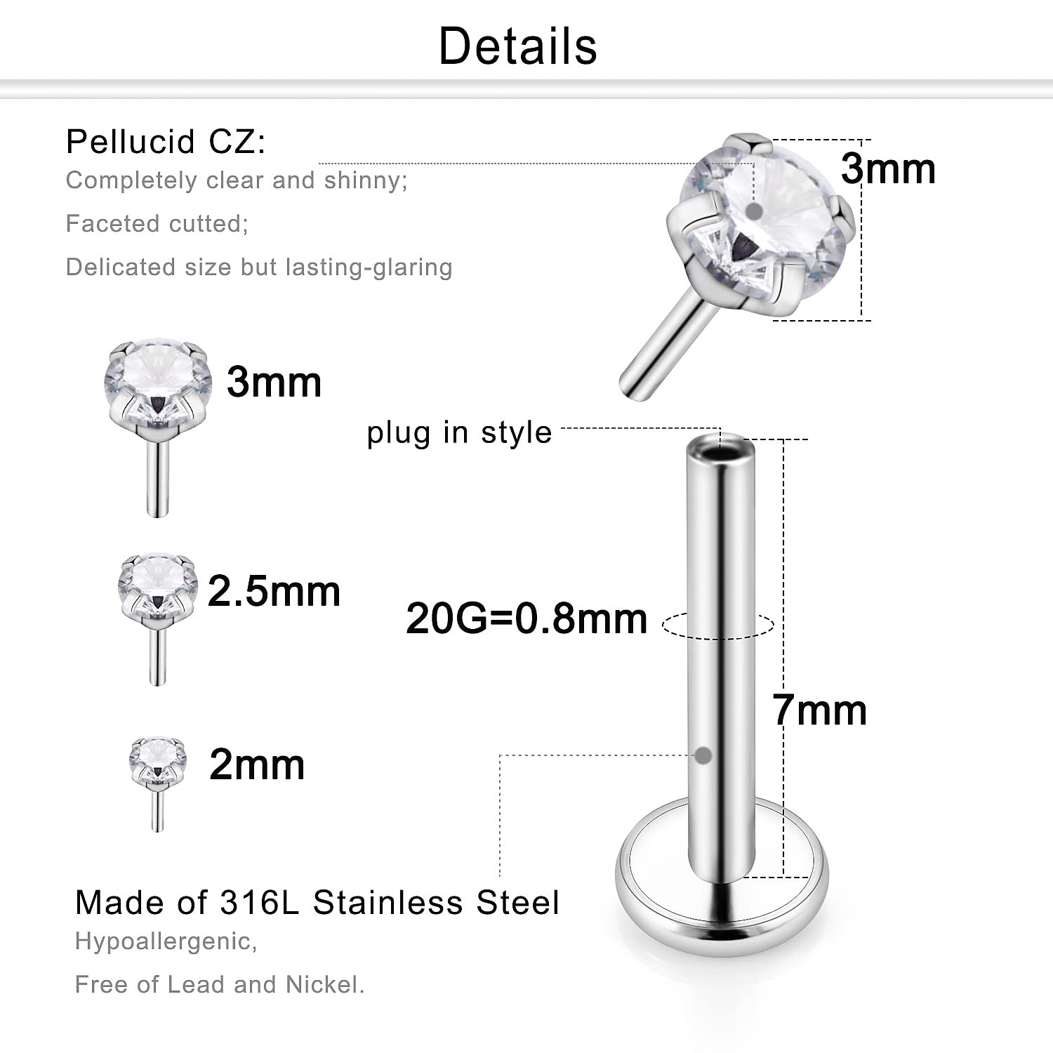 Dyknasz 20G Threadless Nose Stud Threadless Earring Set Surgical Steel Push in Nose Rings Studs for Women Nose Piercing Jewelry for Men Flat Back Cartilage Tragus Forward Helix Earrings