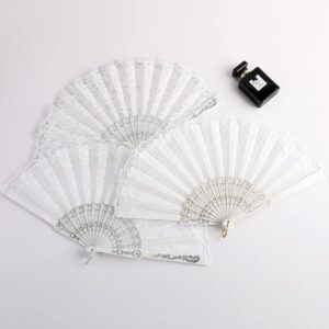 sehtorry White Lace Hand Folding Fan Bridal Dancing Props Floral Handheld Fan for Women Wedding Décor or Party Dess-up Favors