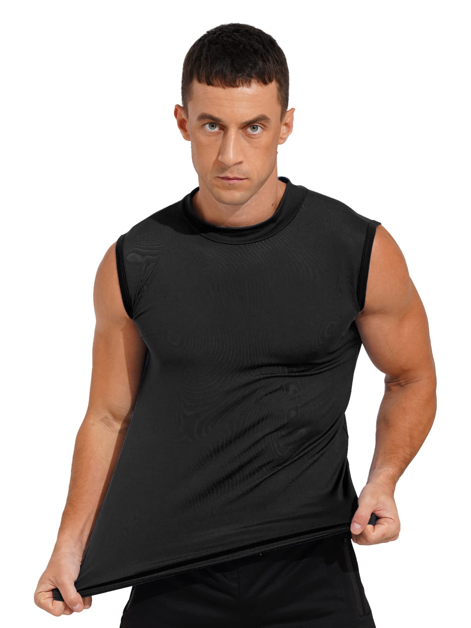 iiniim Muscle Tanks for Men Summer Sleeveless T Shirt Mock Turtleneck Undershirt Pullover Thermal Tops Black 3X-Large