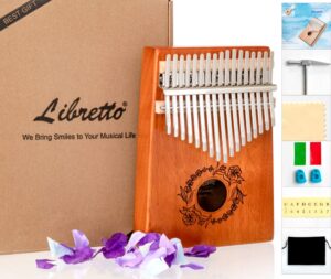 libretto kalimba solid wood thumb piano 17 keys, portable mbira finger piano with tune hammer, flannel bag, manual, cleaning cloth, finger covers, and stickers, great gift for kids and adult beginners