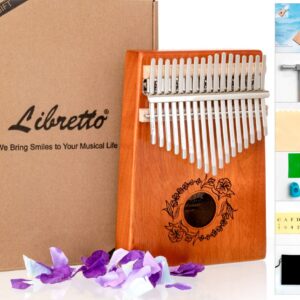 Libretto Kalimba Solid Wood Thumb Piano 17 Keys, Portable Mbira Finger Piano with Tune Hammer, Flannel Bag, Manual, Cleaning Cloth, Finger Covers, and Stickers, Great Gift for Kids and Adult Beginners