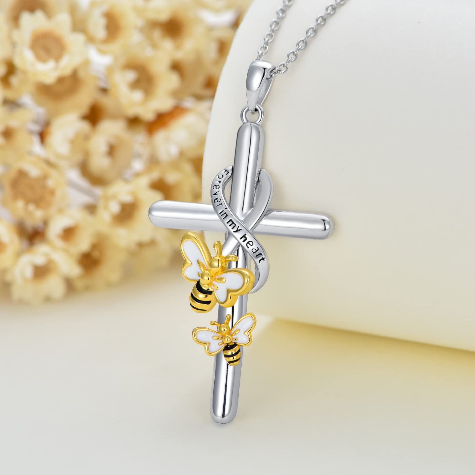 Flpruy Bee Necklace for Women 925 Sterling Silver Bee Cross Necklaces Bee Gifts Penadant Double Bumble Bee Necklace for Women Birthday Christmas Day Jewelry Gifts