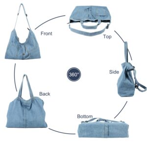 Emprier Soft Denim Handbag for Women Casual Hobo Tote Bag Retro Crossbody Bag Large Capacity Denim Purses Light Blue