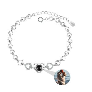 Aina Lighting Personalized Photo Projection Bracelet Custom Bracelet with Picture Inside I Love You Bracelet 100 Languages 925 Sterling Silver Heart Pendent Memorial Jewelry Gift for Women, 14+5cm