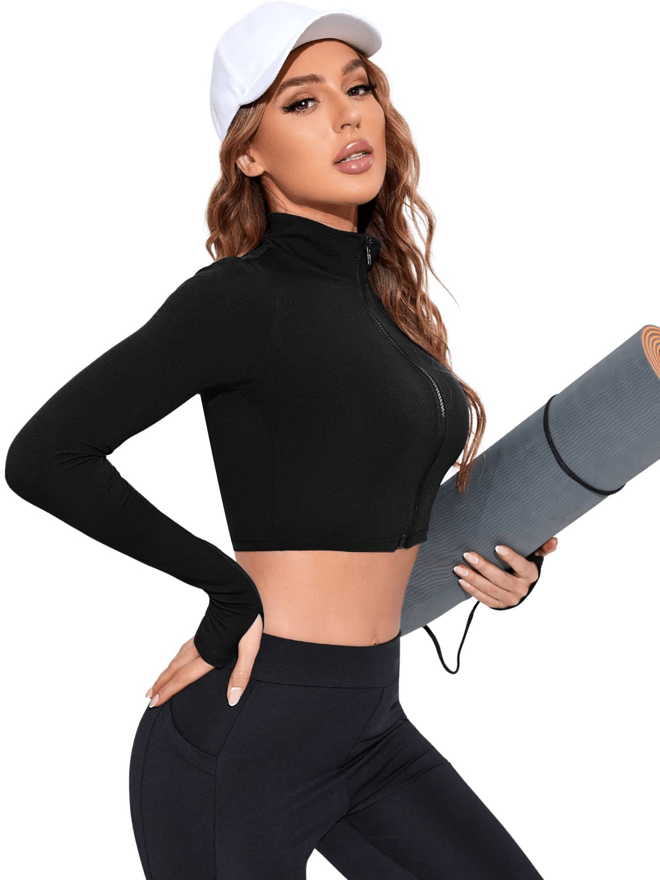 SweatyRocks Women's Long Sleeve Stand Collar Zip Up Crop Top Stretchy Sports Jacket Activewear Black S