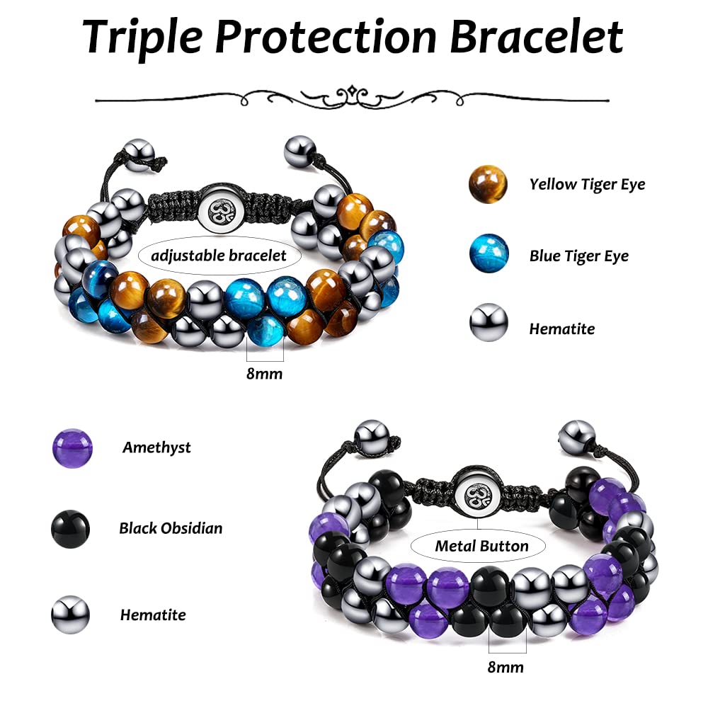 SOOWOOT Triple Protection Bracelet - Natural Tiger Eye Obsidian Hematite Bracelet Healing Crystal Yoga Meditation Bracelet for Women Men