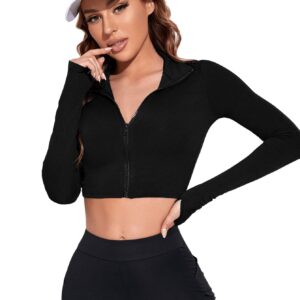 SweatyRocks Women's Long Sleeve Stand Collar Zip Up Crop Top Stretchy Sports Jacket Activewear Black S