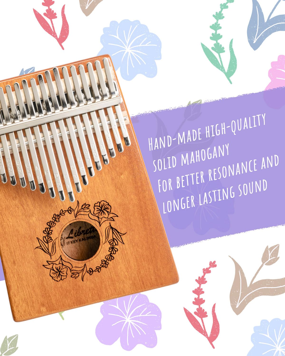 Libretto Kalimba Solid Wood Thumb Piano 17 Keys, Portable Mbira Finger Piano with Tune Hammer, Flannel Bag, Manual, Cleaning Cloth, Finger Covers, and Stickers, Great Gift for Kids and Adult Beginners