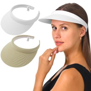 2 pack sun visor hats womens men clip on summer visors adjustable uv protection wide brim outdoor golf tennis beach sports cap (white & khaki)