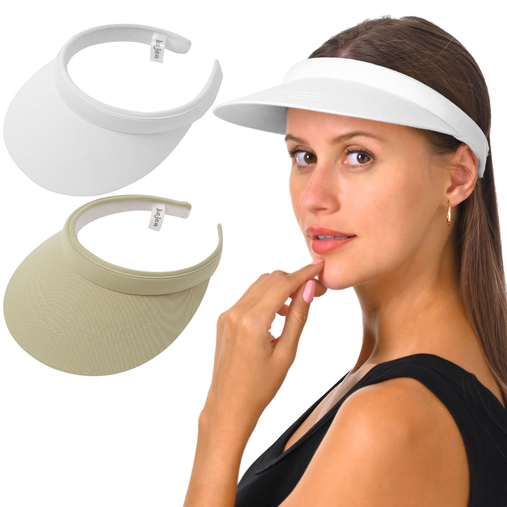 2 Pack Sun Visor Hats Womens Men Clip On Summer Visors Adjustable UV Protection Wide Brim Outdoor Golf Tennis Beach Sports Cap (White & Khaki)