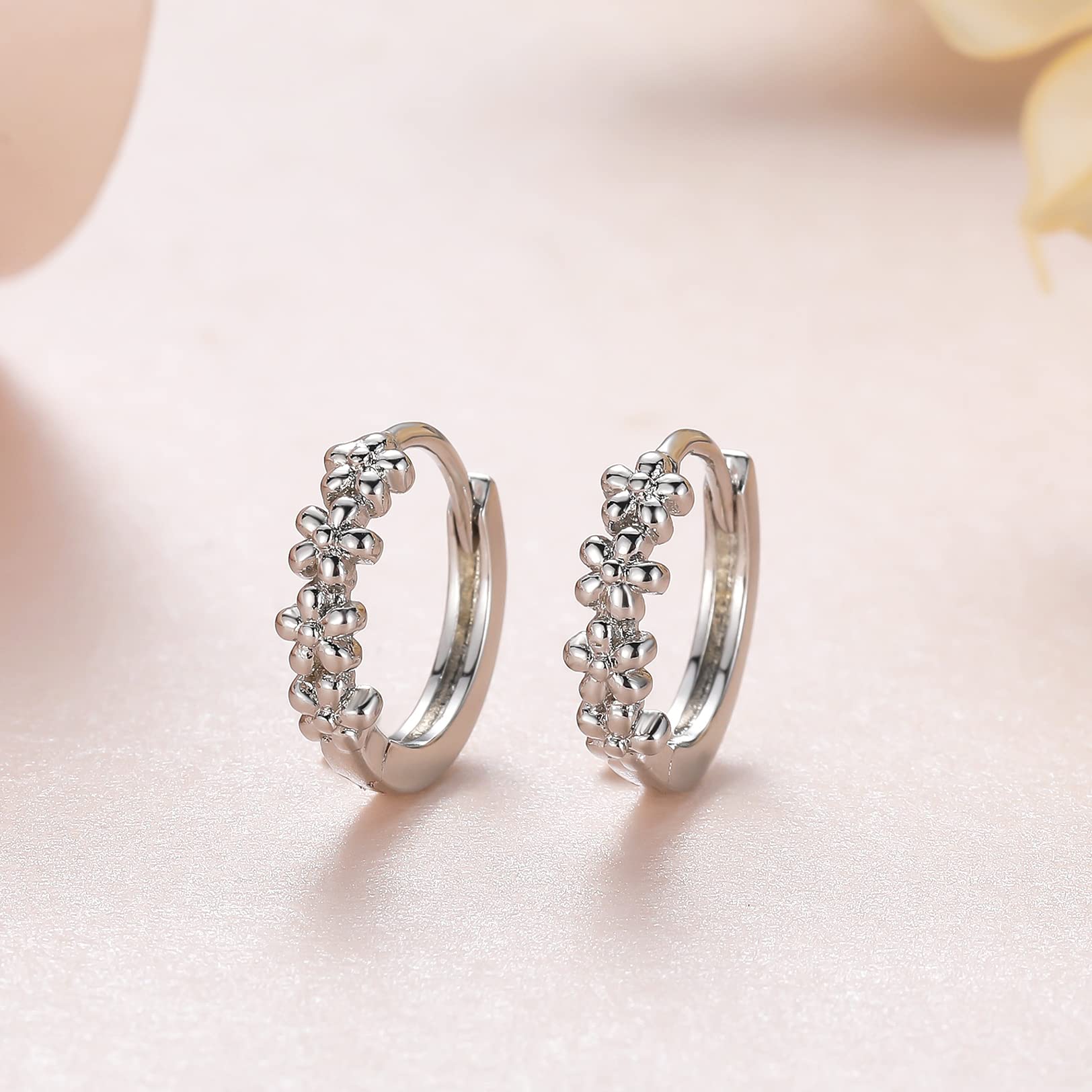 Small Hoop Earrings for Women |925 Sterling Silver Post 10mm Flower Cluster Huggie Hoop Earrings, Hypoallergenic Cartilage Piercing Hoops Jewelry, Silver