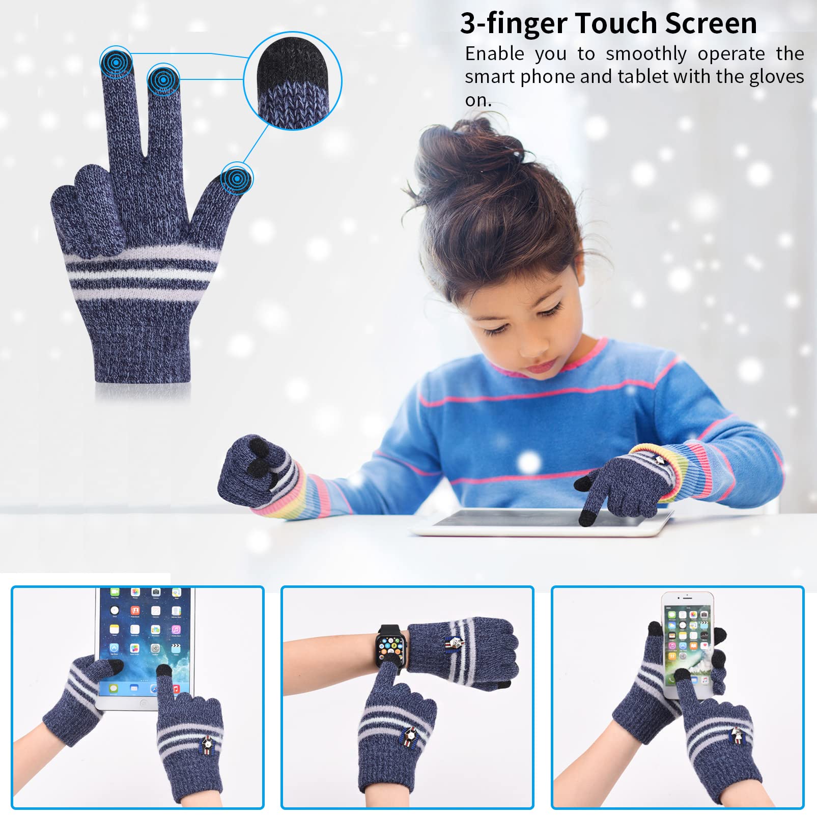 Kids Winter Warm Knit Gloves - 3 Pairs TouchScreen Knitted Cotton Glove Thicken Mittens Kids Gloves Running Sport Cold Weather Gloves Full Finger Thermal Hand Gloves for Outdoor Ski Riding Cycling 4-6