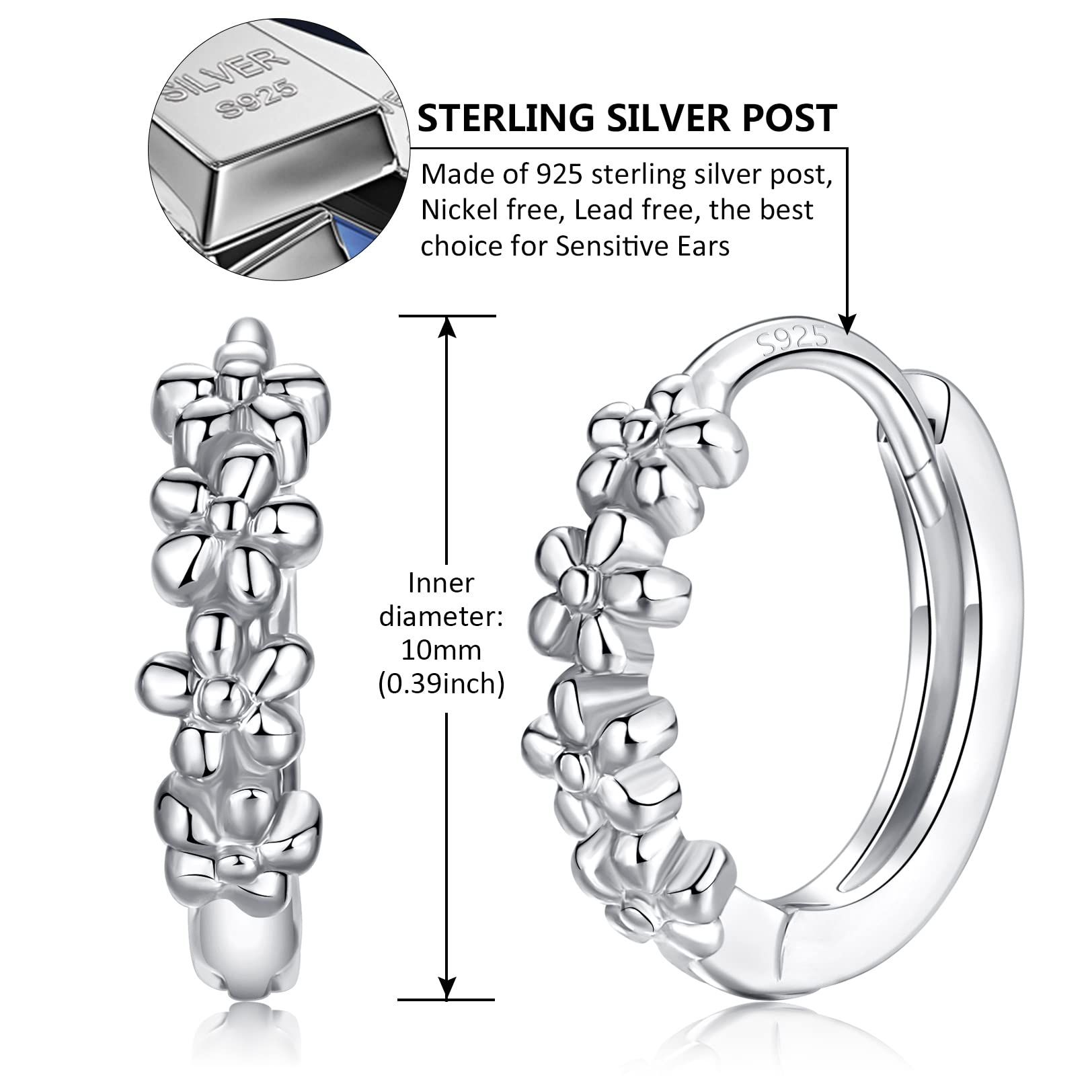 Small Hoop Earrings for Women |925 Sterling Silver Post 10mm Flower Cluster Huggie Hoop Earrings, Hypoallergenic Cartilage Piercing Hoops Jewelry, Silver