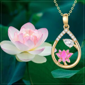 SISGEM 14k Gold Pink Lotus Flower Pendant and Chain Necklace, 16-18 Inches