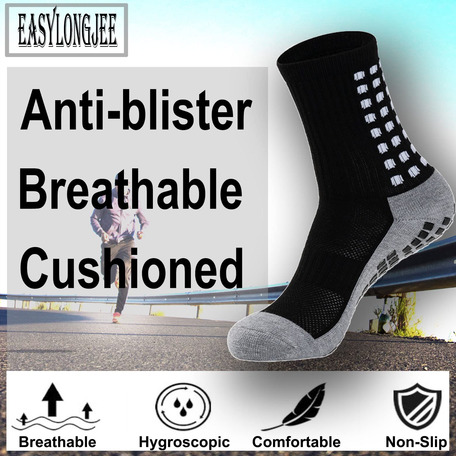 EASYLONGJEE 4 Pair Grip Soccer Socks for Men with Cushion, Athletic Non Slip Quarter Socks Padded, Non Skid, Size 6-11