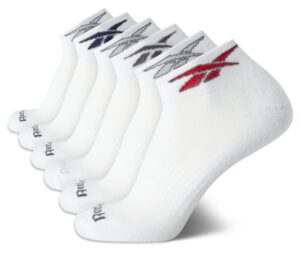 reebok men's quarter socks - 6 pack cushion quarter cut ankle socks for men - breathable men's athletic socks (size 6-12.5), size 6-12.5, white logo