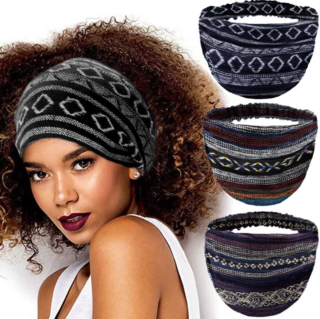 CAKURE Boho Wide Headbands African Head Wraps Stretchy Hairbands Stripe Turban Head Bands for Women and Girls Pack of 3 (Set2b)