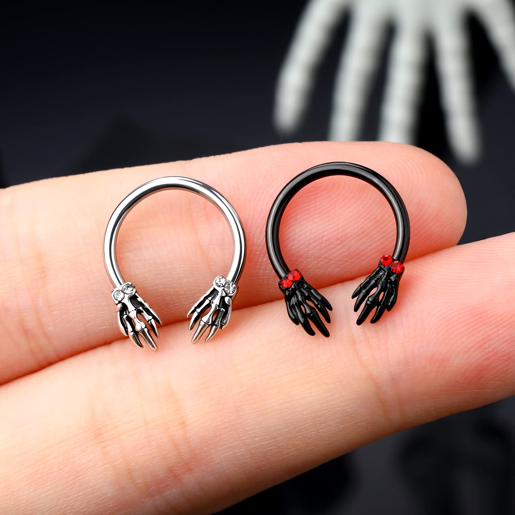 Melighting Skeleton Hand Septum Rings 16G Black Daith Earrings Halloween Septum Jewelry Clear CZ Surgical Steel 316L Helix Earring Cartilage Tragus Piercing for Women Men