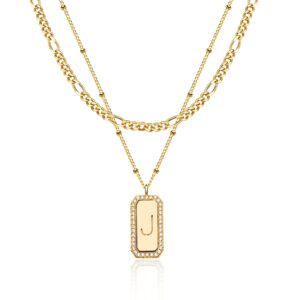 Gold Necklace for Women Trendy Dainty Initial Pendant Necklace Figaro Chain Choker Necklace Layered Set Bar Rectangle Pendant Necklaces 14K Gold Plated Simple Letter J Necklace Everyday Gold Jewelry