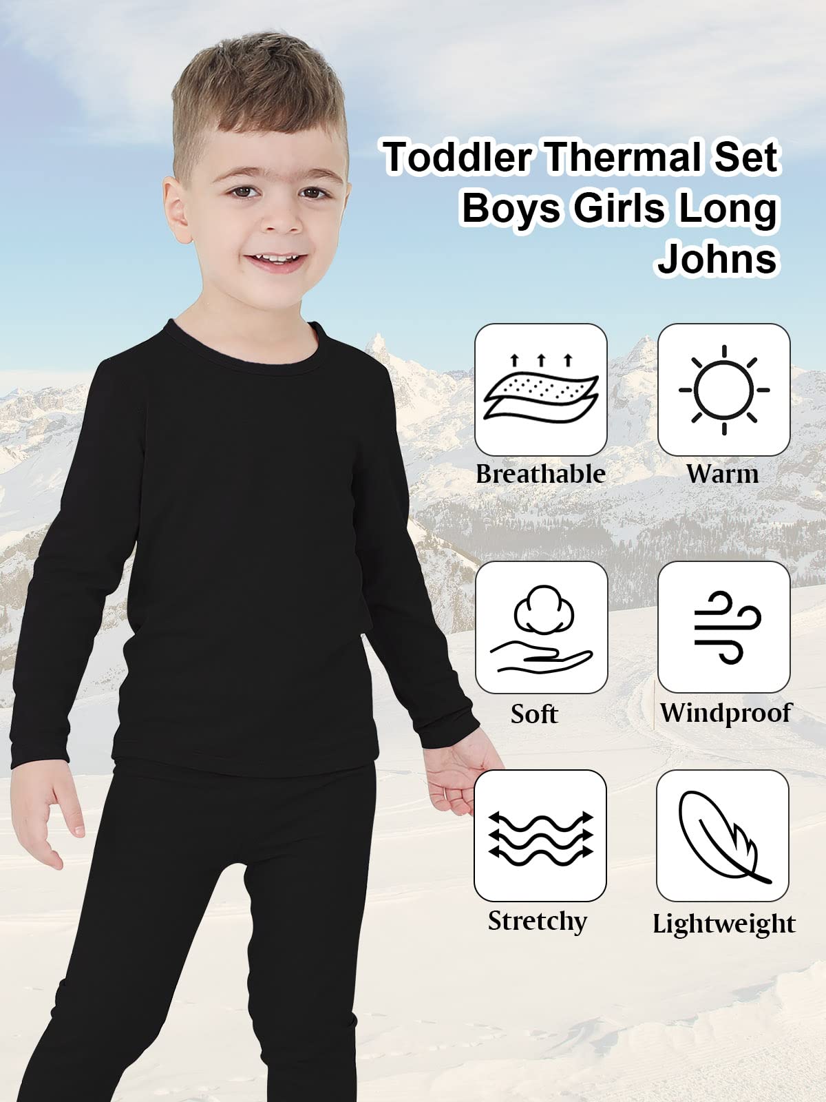 Century Star Kids Thermal Underwear Long Johns for Boys Girls Base Layer Toddler Thermal Set Ultra Soft Black Medium (90) /2T-3T