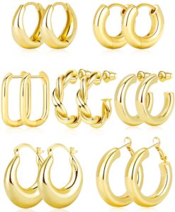 adoyi 7 pairs gold hoop earrings set for women 14k gold plated chunky twisted gold hoops set hypoallergenic small big large huggie hoop earrings pack for women gift lightweight ball earrings