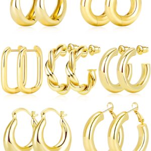 Adoyi 7 Pairs Gold Hoop Earrings Set for Women 14K Gold Plated Chunky Twisted Gold Hoops Set Hypoallergenic Small Big Large Huggie Hoop Earrings Pack for Women Gift Lightweight ball earrings