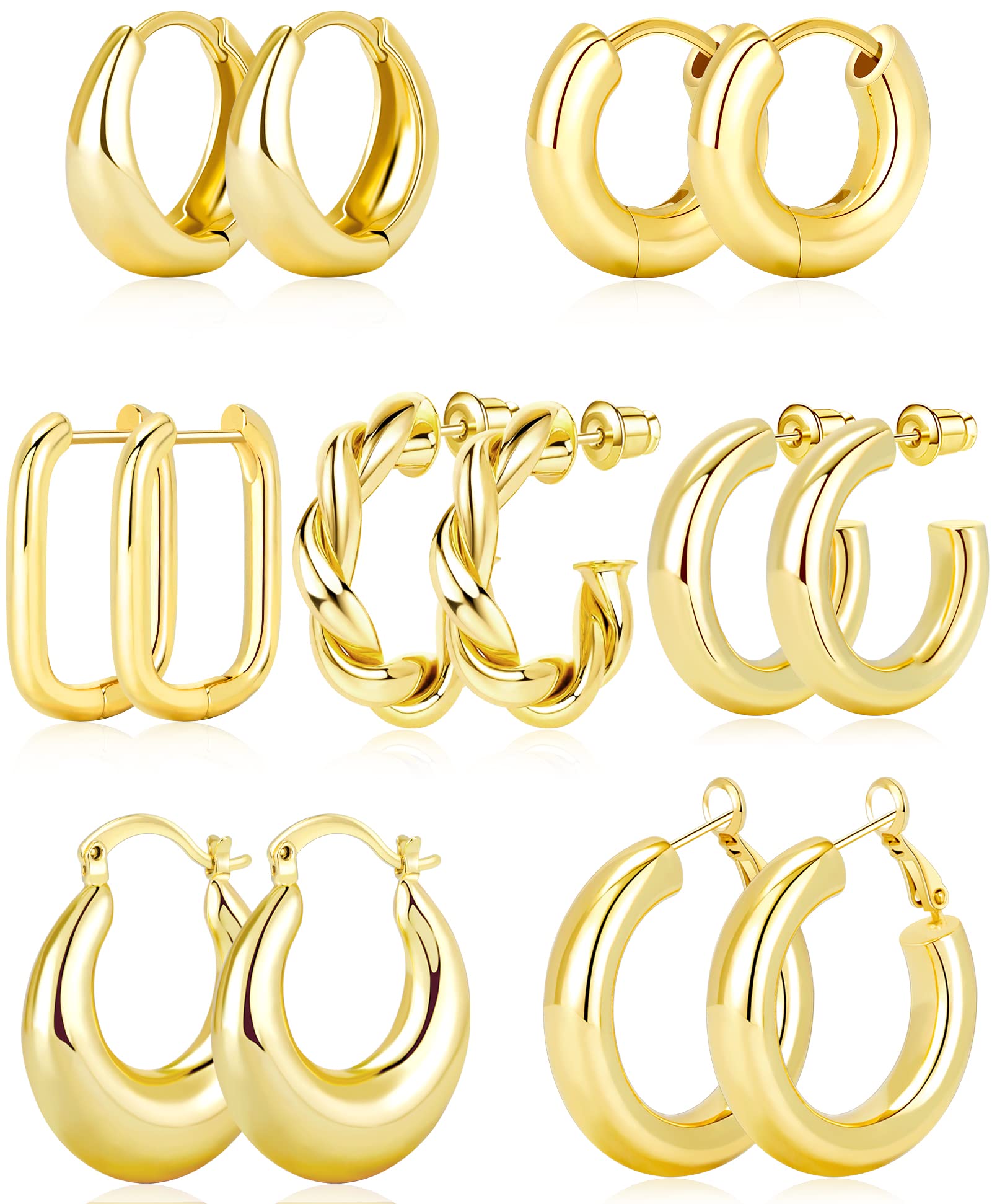 Adoyi 7 Pairs Gold Hoop Earrings Set for Women 14K Gold Plated Chunky Twisted Gold Hoops Set Hypoallergenic Small Big Large Huggie Hoop Earrings Pack for Women Gift Lightweight ball earrings