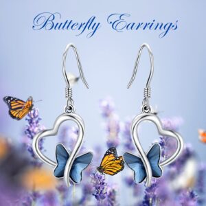 Butterfly Earrings 925 Sterling Silver Heart Butterfly Dangle Drop Earrings with Crystal Butterfly Jewelry Gifts for Women Girlfriends