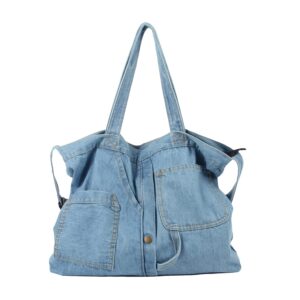 emprier soft denim handbag for women casual hobo tote bag retro crossbody bag large capacity denim purses light blue