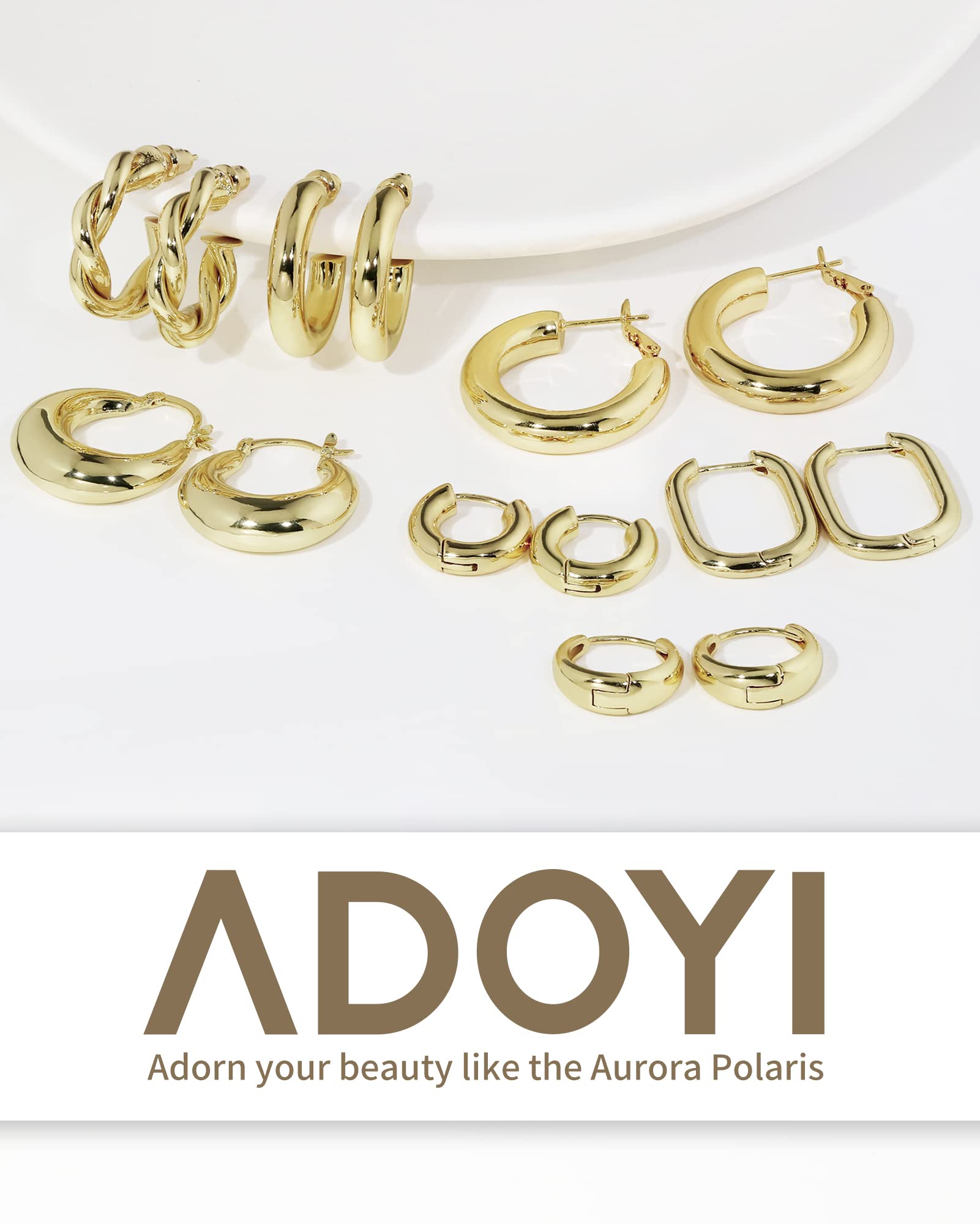 Adoyi 7 Pairs Gold Hoop Earrings Set for Women 14K Gold Plated Chunky Twisted Gold Hoops Set Hypoallergenic Small Big Large Huggie Hoop Earrings Pack for Women Gift Lightweight ball earrings