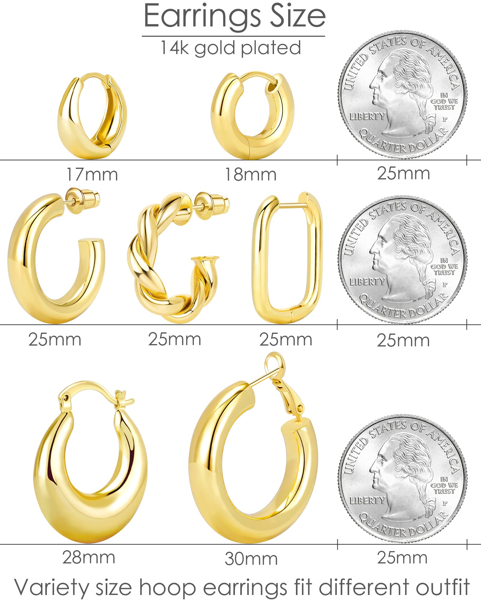 Adoyi 7 Pairs Gold Hoop Earrings Set for Women 14K Gold Plated Chunky Twisted Gold Hoops Set Hypoallergenic Small Big Large Huggie Hoop Earrings Pack for Women Gift Lightweight ball earrings