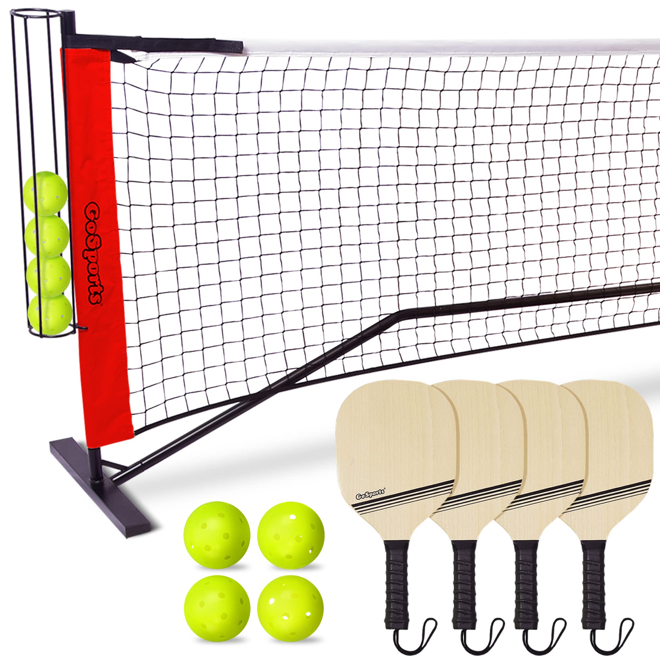 GoSports Regulation Pickleball Net with Complete Accessories Set - 22ft Portable Net and Frame with Set of 4 Paddles and 8 Pickleballs