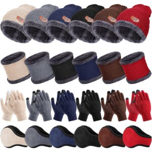 6 sets winter ski warm set, including 6 pcs winter knit hat 6 pcs neck warmer 6 pcs winter knitted gloves 6 pcs unisex foldable ear warmers for men women