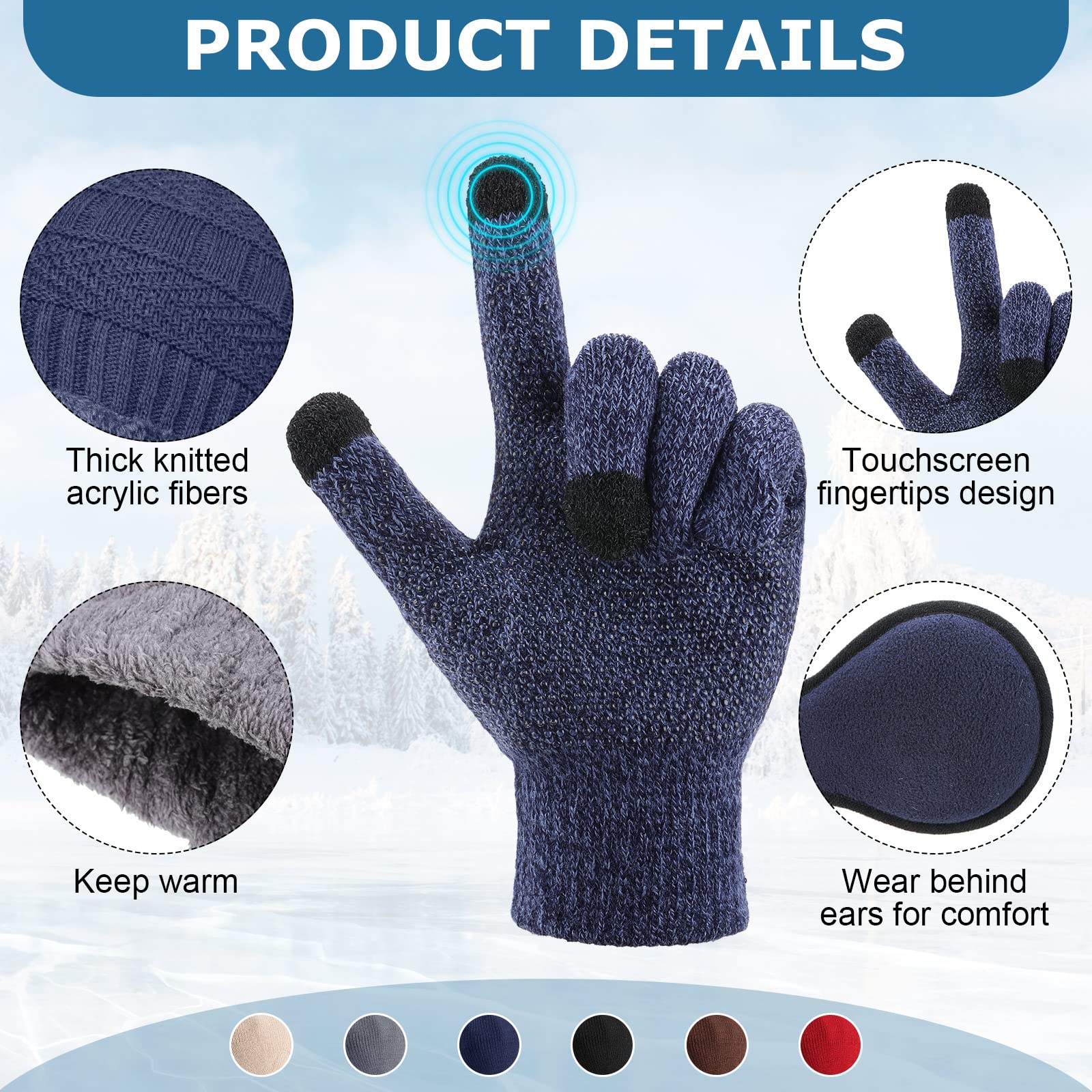 6 Sets Winter Ski Warm Set, Including 6 PCS Winter Knit Hat 6 PCS Neck Warmer 6 PCS Winter Knitted Gloves 6 PCS Unisex Foldable Ear Warmers for Men Women