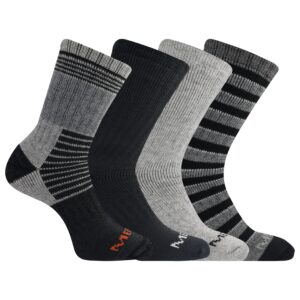 merrell adult's men's and women's thermal hiking crew socks-4 pair pack-unisex arch support band and wool blend, black assorted, small-medium